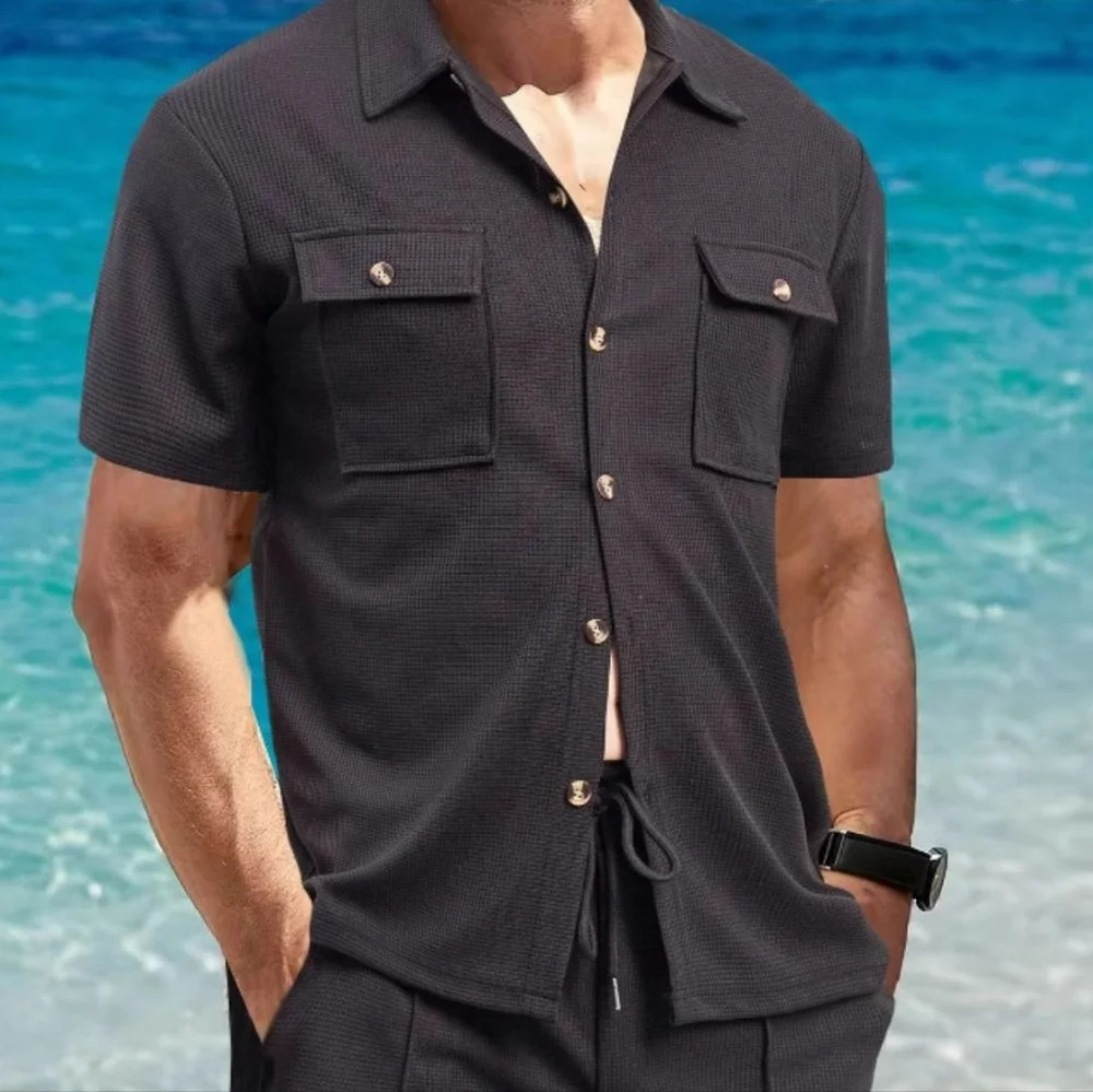 Men's Black Button Down Shirt and Shorts Set